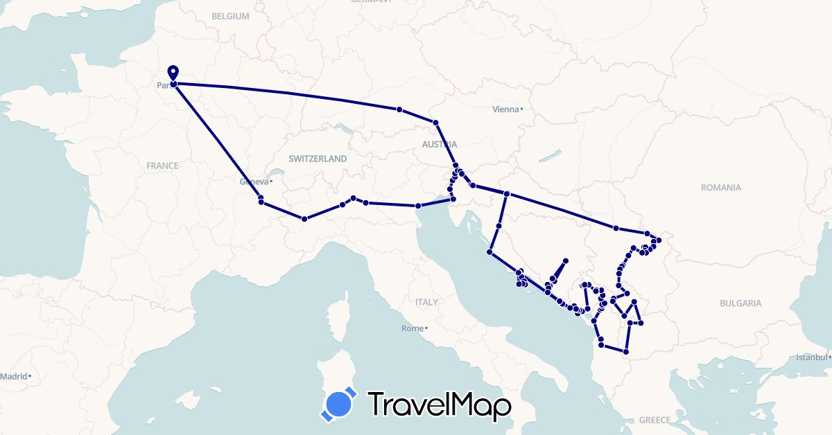 TravelMap itinerary: driving in Albania, Austria, Bosnia and Herzegovina, Germany, France, Croatia, Italy, Montenegro, Macedonia, Serbia, Slovenia (Europe)